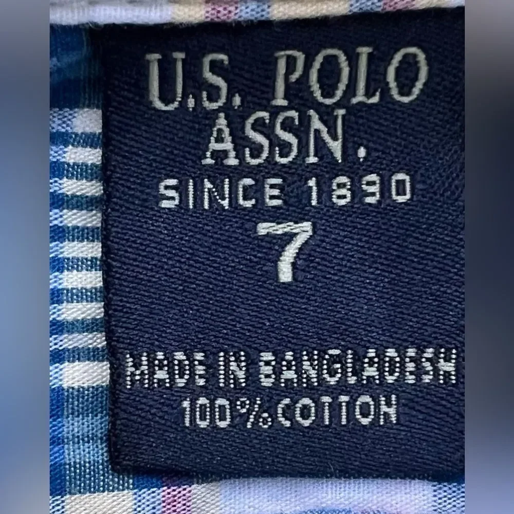U.S. Polo Assn. Boys Kids Short Sleeve Blue Plaid Button Up Collared Shirt. 7.